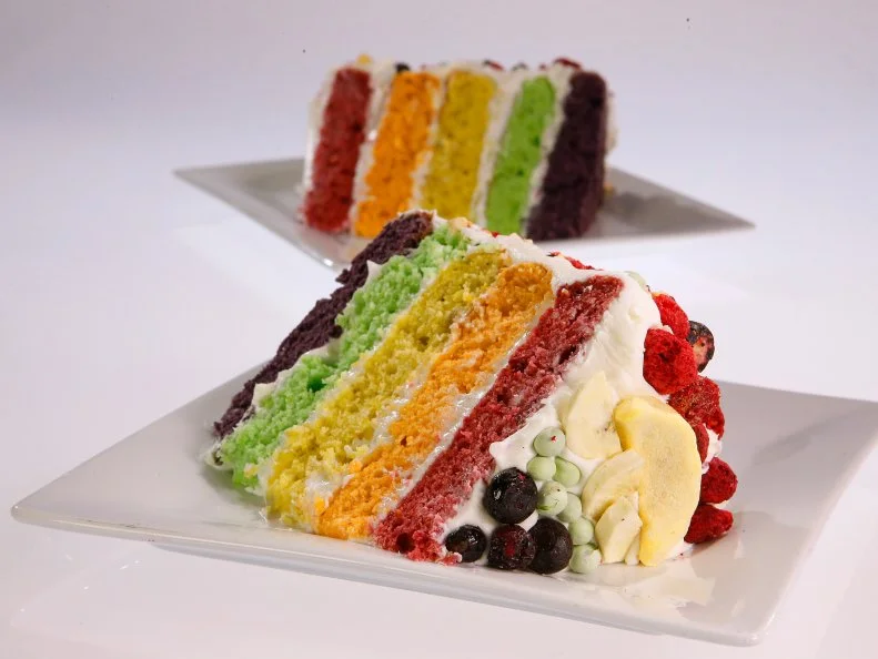Rainbow confetti cake is displayed during an episode about rainbow foods to brighten your day, as seen on Food Network's The Kitchen Sink, Season 1.