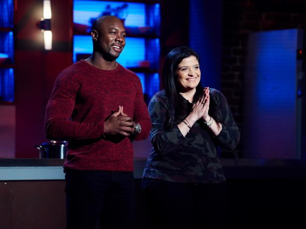 Hosts Eddie Jackson and Alex Guarnaschelli in elimination for the Leftovers Love challenge, as seen on Star Salvation for Food Network Star, Season 12.