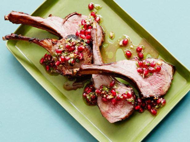 Food Network Kitchen’s Grilled Double Lamb Chops with PomegranateMint Pesto.