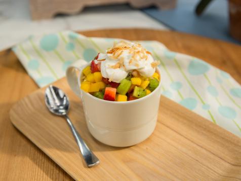 Coconut Mug Cake with Coconut Whipped Cream and Tropical Fruit