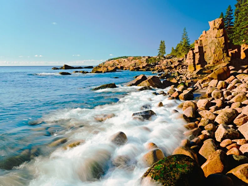 The rocky coastline of Maine shows off in Acadia National Park, in the New England area of the USA.