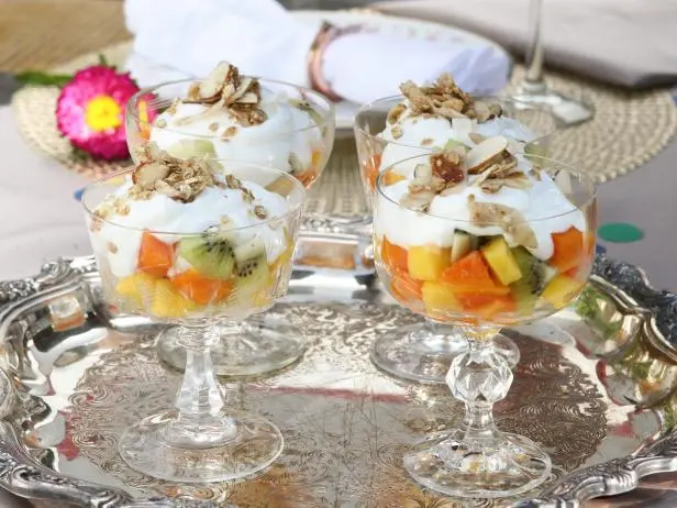 Tropical Fruit Parfait with Honey-Ginger Drizzle and Gingersnap Granola Recipe | Food Network