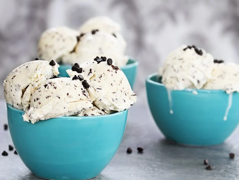Bowl of chocolate chip ice cream. Extreme shallow depth of field.