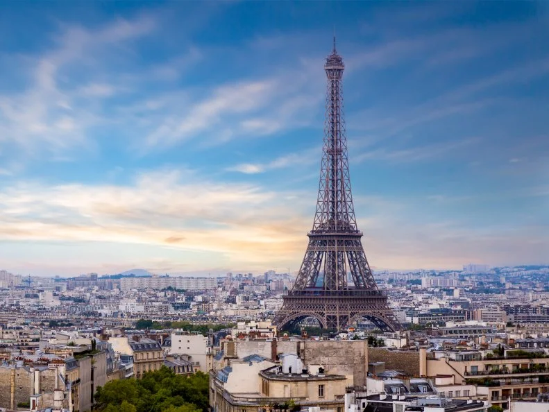 Eiffel Tower in Paris France photographed from the top of the Arc de Triompe.