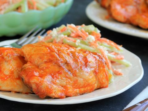 Grilled Buffalo Chicken Thighs with Blue Cheese Slaw