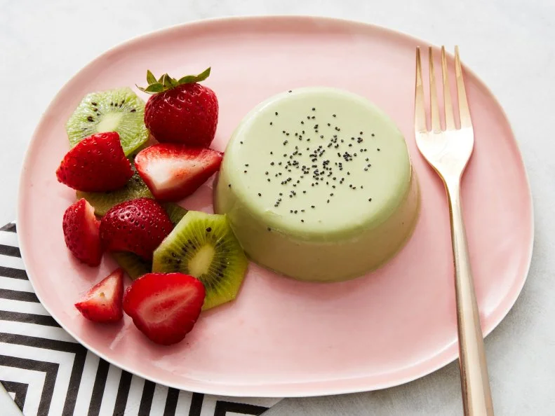 Food Nework Kitchen's Cooking with Matcha, Matcha Poppy Seed Panacotta.