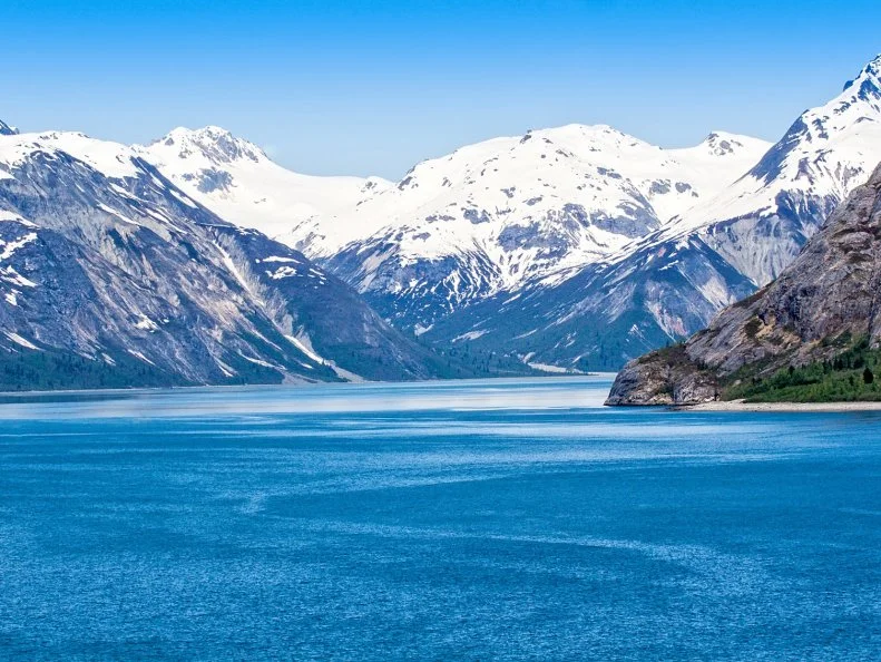 Mountain range and ocean waters in Glacier Bay National Park, Alaska