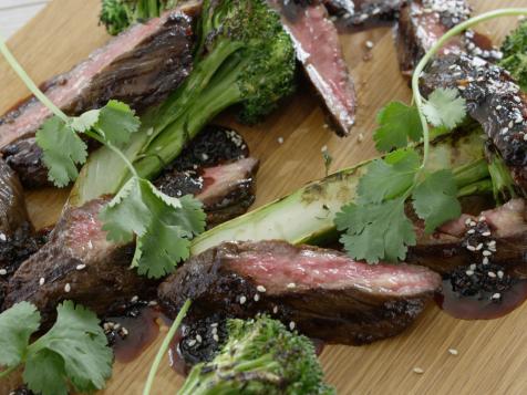 Grilled Skirt Steaks with Hawaiian-Style Teriyaki Glaze and Grilled Broccoli