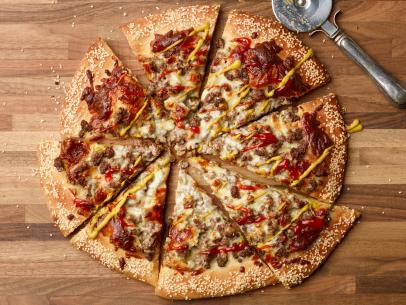 Food Network Kitchen's Cheeseburger Pizza for THE ULTIMATE FRIENDSGIVING/12 DAYS OF COOKIES/LAST-MINUTE SIDES, as seen on Food Network