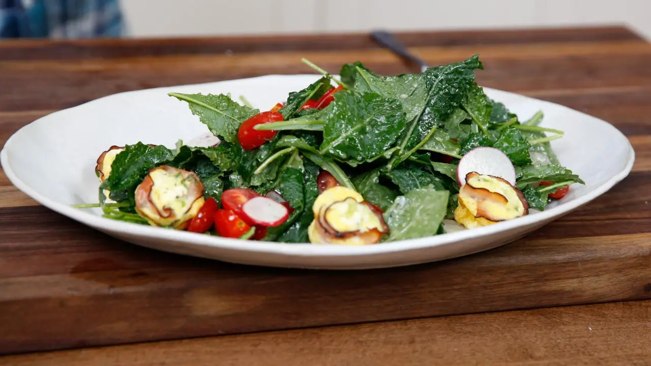 Baby Greens Salad with Ham Quiche Croutons and Maple-Cider Vinaigrette