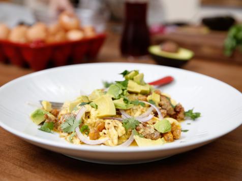 Moroccan Scramble with Turkey Merguez, Roasted Chickpeas and Avocado