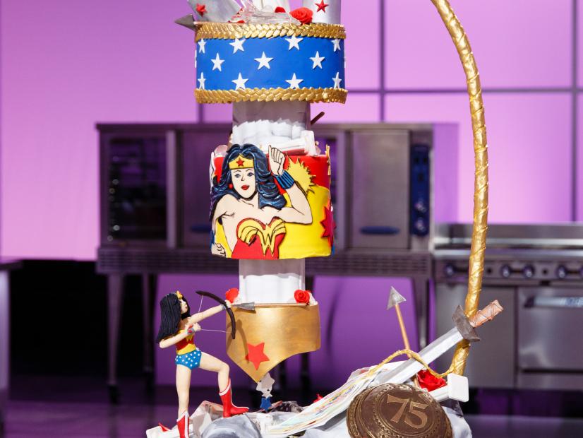 A Wonder-Woman-Themed chocolate malt cake display created by Viki Kane during the final challengethe final challenge, as seen on Food Network's Cake Wars, Season 4.