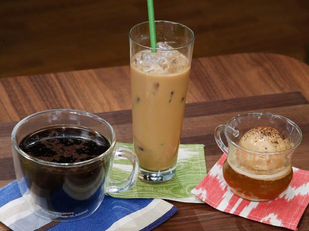 Mexican Coffee, Vietnamese Iced Coffee and Italian Affogato are displayed, as seen on Food Network's The Kitchen, Season 12.