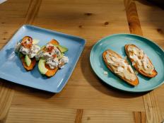 Two new toast toast trends, one sweet and one savory, using sweet potato are displayed, as seen on Food Network's The Kitchen, Season 12.