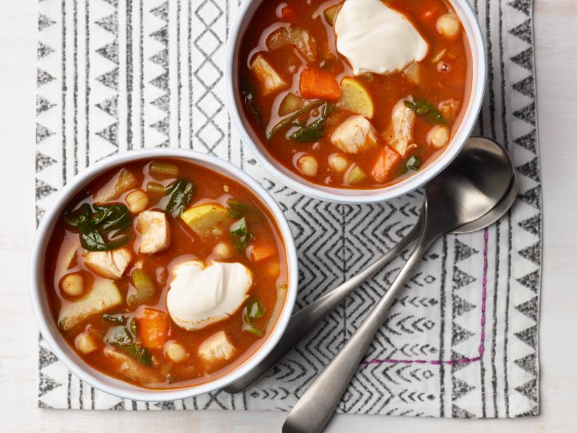 Food Network Kitchen's Moroccan Chicken and Vegetable Soup for LESSONS FROM GRANDMA/MICROWAVE VEGGIES/CHICKEN SOUP, as seen on Food Network