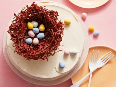 Food Network Kitchen’s Easter Ad Hoc, Chocolate Pastel Easter Cake with a Chocolate Vermicelli Nest, as seen on Food Network.