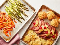 Food Network Kitchen’s Easter Ad Hoc, Easter Dinner on Two Sheet Pans, as seen on Food Network.