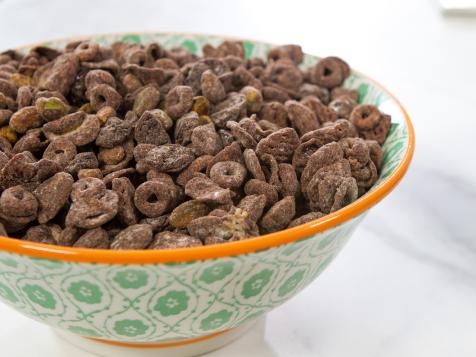 Chocolate-Covered Cereal Mix with Dried Cherries and Pistachios