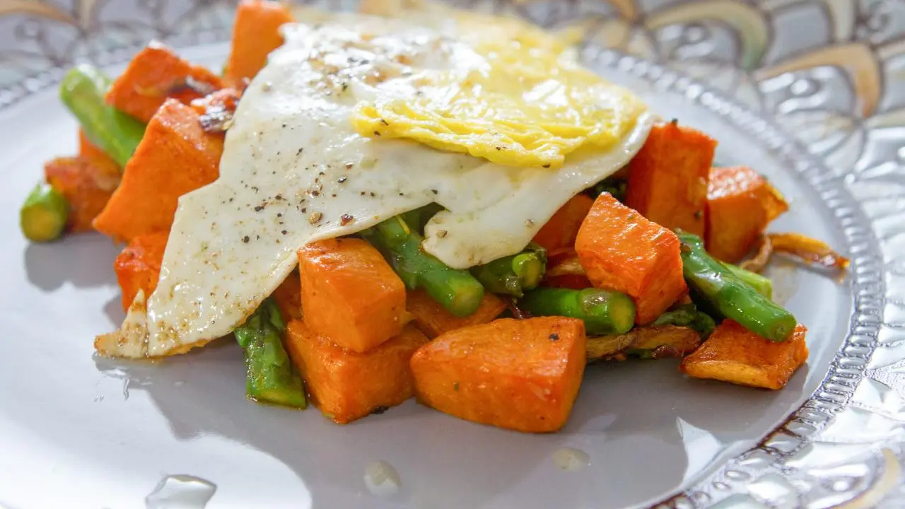 Sweet Potato Asparagus Hash with Fried Eggs
