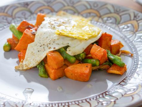 Sweet Potato Asparagus Hash with Fried Eggs
