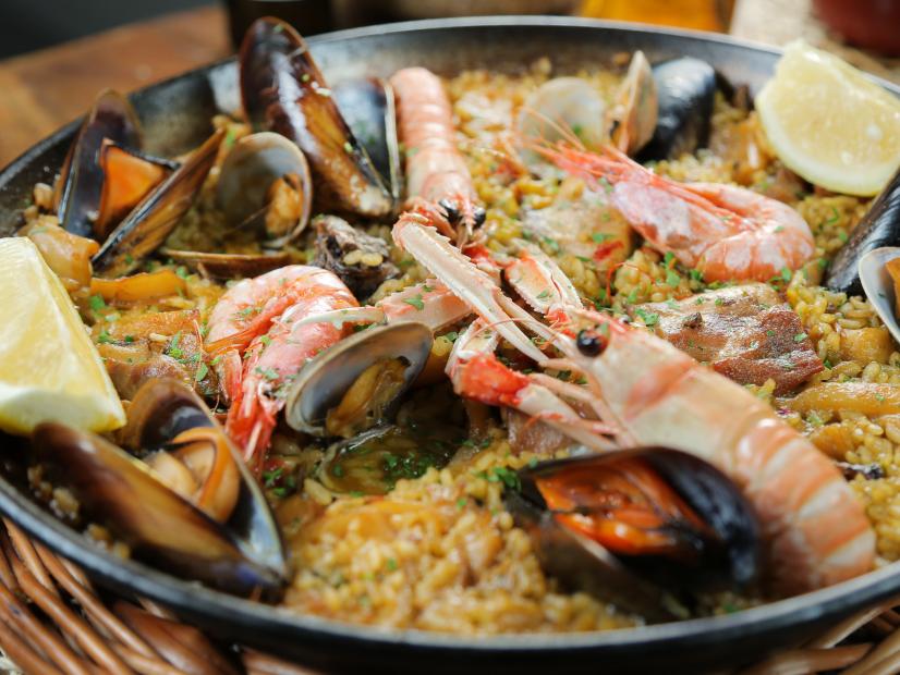 Surf and Turf Paella as served at El Pacifico in Barcelona, Spain as seen on Food Network's Diners, Drive-Ins and Dives episode 2601.