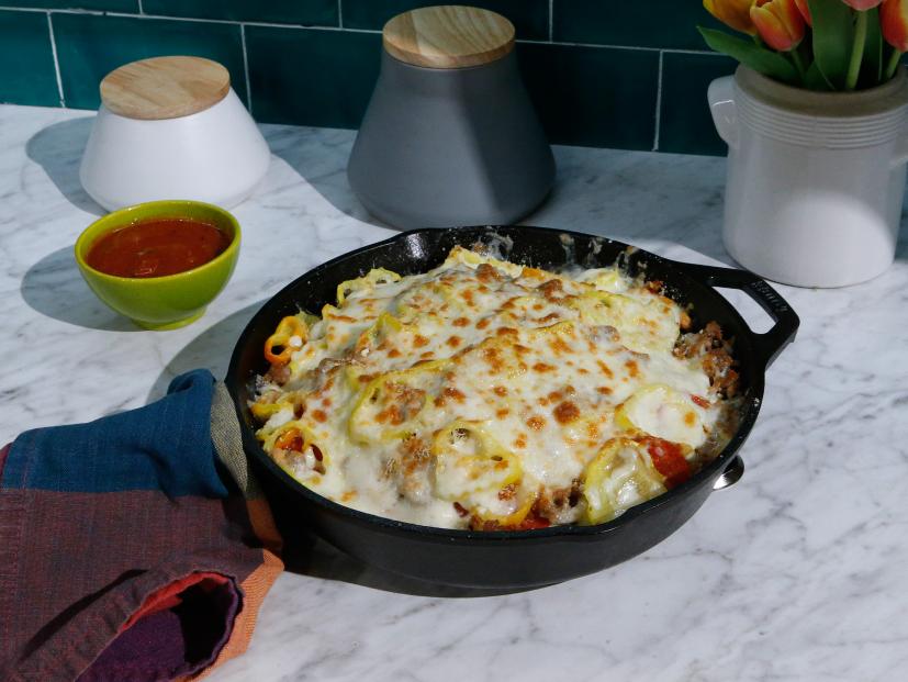 Pizza Skillet Fries are displayed, as seen on Food Network's The Kitchen Sink, Season 2.