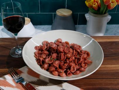 Red Wine Pasta is displayed, as seen on Food Network's The Kitchen Sink, Season 2.