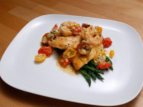 Fish with Asparagus and Burst Tomato-Shrimp Sauce