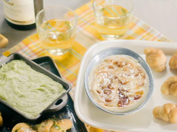 Dough Knots with Sour Cream-and-Jam and Pesto Alfredo Dips