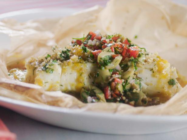 Parchment-Steamed Grouper with Martini Relish, Crispy Herbed Couscous and Sour Orange Sauce