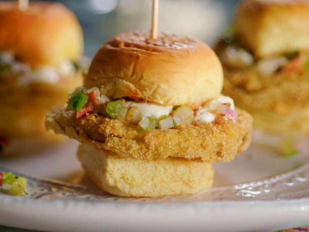 Fried Green Tomato Sliders With Goat Cheese Mayo And Tomatillo Bacon Relish Recipe Bobby Flay Food Network