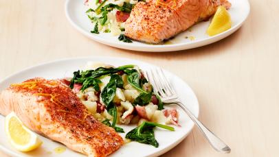 instant pot salmon with garlic potatoes and greens