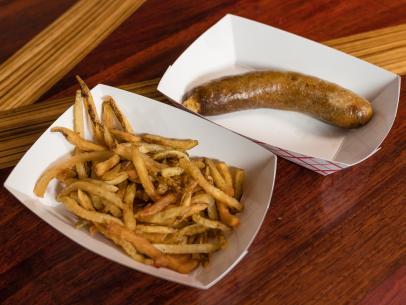 Bourree’s specials, freshly cut French fries and shrimp sausage, as seen on Diners, Drive-Ins, and Dives, Season 27.