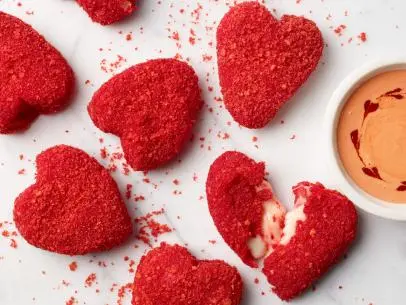 Food Network Kitchen’s Flamin' Hot Cheeto Mozzarella Hearts, as seen on Food Network.