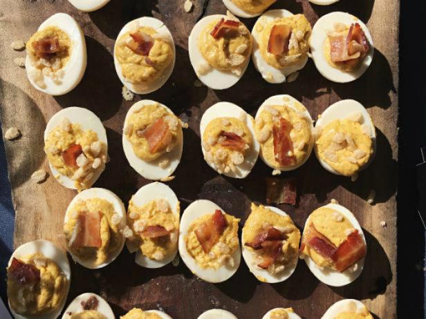 Hampton + Hudson's curry deviled eggs with bacon and puffed rice