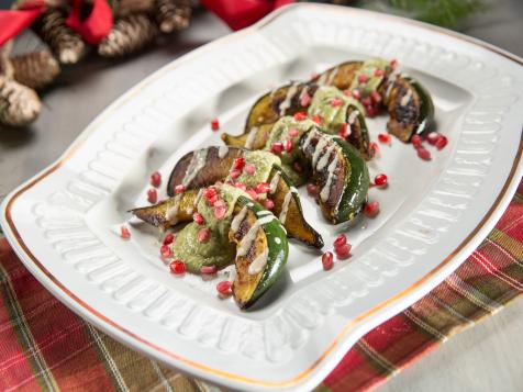 Seared Acorn Squash with Tahini Sauce and Walnut-Parsley Pesto