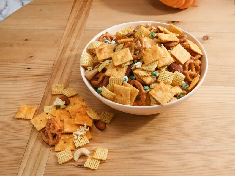 Guest Valerie Bertinelli's party mix is displayed as seen on The Kitchen, Season 15.