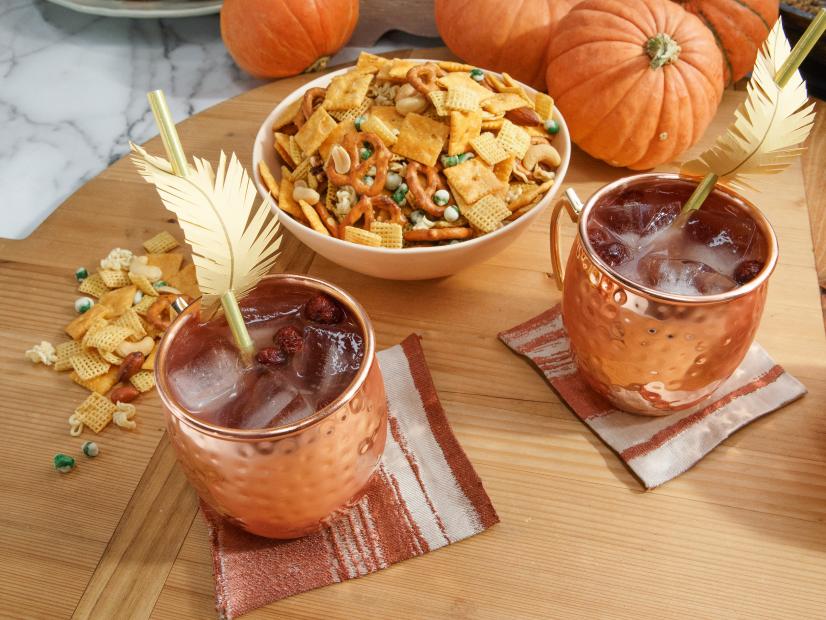 Guest Valerie Bertinelli's snack mix and Moscow Turkey cocktail are displayed as seen on The Kitchen, Season 15.