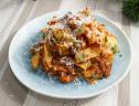 Fabio Viviani's Pappardelle with Sausage and Beef Bolognese Sauce is displayed as seen on The Kitchen, Season 15.