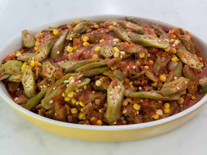 Sauteed Jumbo Garlic Shrimp with Okra, Corn and Tomato Stew over Rice