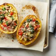 Food Network Kitchen's Sausage and White Bean-Stuffed Spaghetti Squash, as seen on Food Network.