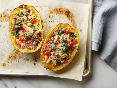 Food Network Kitchen's Sausage and White Bean-Stuffed Spaghetti Squash, as seen on Food Network.