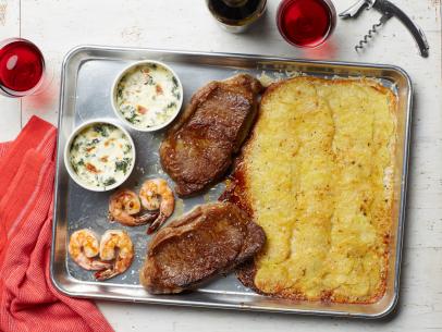 Food Network Kitchen’s Steakhouse Sheet Pan Dinner for Two, as seen on Food Network.