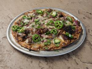 The Burnt Ends St. Louis style pizza at Frasher's Smokehouse, as seen on Eat Sleep BBQ, Season 1.