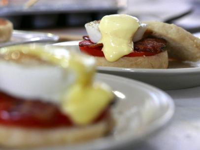 Close up of Poached Eggs on English Muffins, as seen on Baked in Vermont, Season 1.