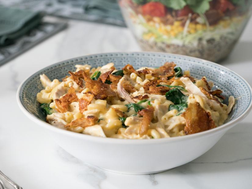 Beauty shot of chicken spinach mac and cheese, as seen on Food Network’s Trisha’s Southern Kitchen Season 11