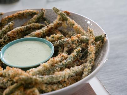 Beauty of baked green bean fries and dip, as seen on Food Network’s Trisha’s Southern Kitchen Season 11