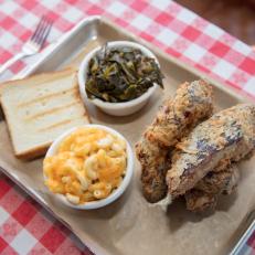 Fried Ribs with Collard Greens and Mac and Cheese at Greater Good BBQ, as seen on Eat Sleep BBQ, Season 1..