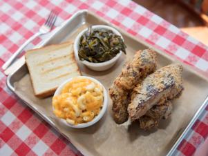 Fried Ribs with Collard Greens and Mac and Cheese at Greater Good BBQ, as seen on Eat Sleep BBQ, Season 1..