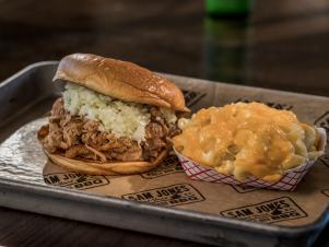 Pete Jones BBQ Sandwich with Slaw and side of Mac N Cheese at Sam Jones BBQ in Winterville NC.